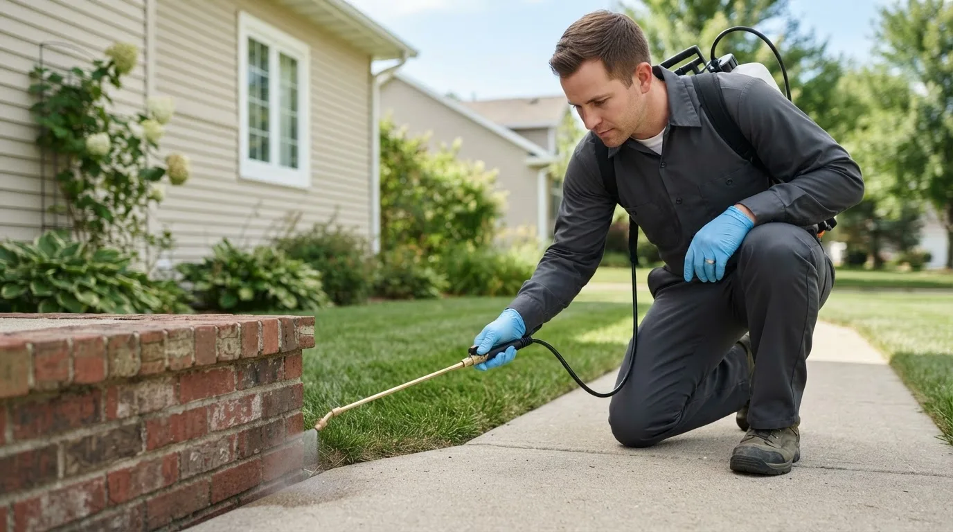 Pest control technician treating a home near Sangerfield, NY